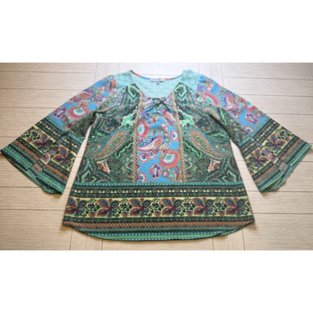 Anthropologie Fig Flower XL Paisley Boho Peasant Blouse Top Bell Sleeve W/ Lace